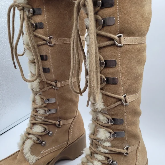 Y2K Report Icon Womens Lace-UpTan Suede Boots Faux Fur Size 8 - Picture 4 of 15